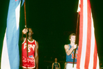 Cuban and US flags in opening ceremony of basketball game in Cuba by South Dakota State University